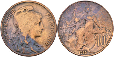 Франция 10 сантимов 1912 KM 843, Le Franc 136.22 бронза 4593-421
