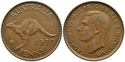 Австралия 1 пенни 1939 Георг VI (1936-1952), кенгуру KM 36 бронза    4557-912