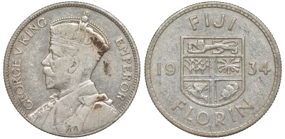 Фиджи 1 флорин 1934 Георг V (1910-1936), герб Фиджи KM 5 серебро 91-1246
