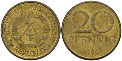 ГДР 20 пфеннигов 1969 A, первый год KM 11 латунь 92-821