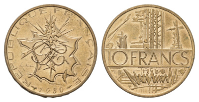 Франция 10 франков 1980 KM 940 медь алюминий никель UNC 3856-521