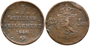 НОРВЕГИЯ 1/2 СКИЛЛИНГА 1840 КАРЛ XIV ЙОХАН, ШВЕДСКИЙ (1818-1844) KM 305.1 медь 28-1137