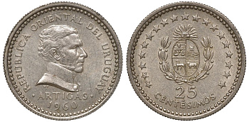 Уругвай 25 сентесимо 1960 KM 40 медно-никель 4169-968