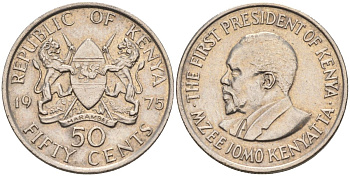 Кения 50 центов 1975 Джомо Кениата KM 13 медно-никель 4124-755