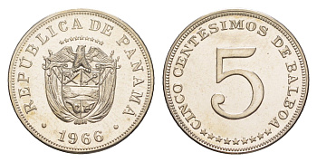 Панама 5 сентесимо 1966 тираж 13.000 экземпляров KM 23.2 медно-никель PROOF 1524-414