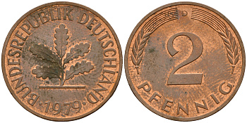 ФРГ 2 пфеннига 1979 D J.381a, KM 106a сталь плакированная медью    4598-842