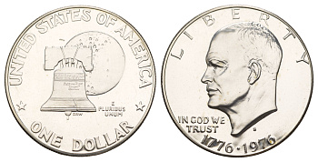 США 1 доллар 1976 S, Президент Эйзенхауэр, 200 лет независимости США KM 206a серебро PROOF 413-2135