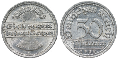 Германия 50 пфеннигов 1920 D KM 27, J. 301, Weege 10 алюминий 4121-1135