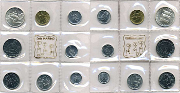 Сан-Марино годовой набор из 8 монет 1972 1, 2, 5, 10, 20, 50, 100 и 500 лир мать поднимает ребенка в воздух KM 14-21, в оригинальной пластиковой запайке серебро KM MS1 серебро UNC 5-4-3-49