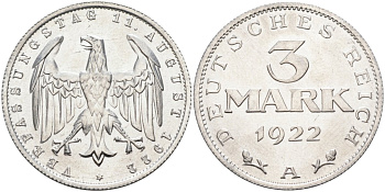 Германия 3 марки 1922 A, третья годовщина Веймарской Конституции KM 29, J.303 алюминий UNC 4587-212