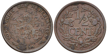 НИДЕРЛАНДЫ 1/2 ЦЕНТА 1934 ВИЛЬГЕЛЬМИНА (1890-1948) KM 138 бронза 39-224