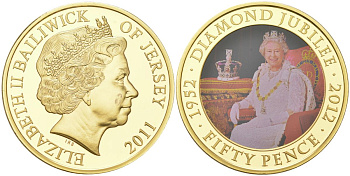 Джерси 50 пенсов 2011 60 лет коронации Королевы Елизаветы II (Елизавета II в короне в платье на троне) KM 239 сталь плакированная золотом BU 11-134-14