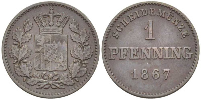 Бавария 1 пфенниг 1867 Людвиг II (1864-1886) КМ 471 медь 201-254
