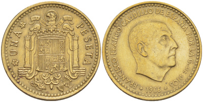 ИСПАНИЯ 1 ПЕСЕТА 1966 (71) ФРАНСИСКО ФРАНКО ДИКТАТОР ИСПАНИИ ( 1939- 1975) KM 796 алюминиевая бронза 216-617