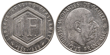 ФРАНЦИЯ 1 ФРАНК 1988 ШАРЛЬ ДЕ ГОЛЬ, 30 ЛЕТ РЕСПУБЛИКЕ KM 963 никель 83-1942
