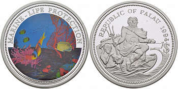 Палау 5 долларов 1994 две рыбки, цветная эмаль KM 6 серебро PROOF 1077-1-51