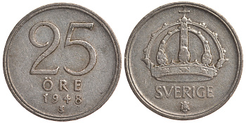 Швеция 25 эре 1948 TS, Густав V (1907-1950) KM 816 серебро 4179-865