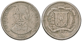 Доминиканская Республика 10 сентаво 1980 KM 50 медно-никель 4525-1026