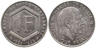 ФРАНЦИЯ 1 ФРАНК 1988 ШАРЛЬ ДЕ ГОЛЬ, 30 ЛЕТ РЕСПУБЛИКЕ KM 963 никель 83-1942