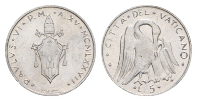 Ватикан 5 лир 1977 KM 118 алюминий UNC 4632-922