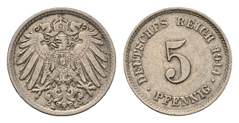 Германия 5 пфеннигов 1914 E KM 11, J. 12 медно-никель 4696-654