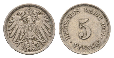 Германия 5 пфеннигов 1914 E KM 11, J. 12 медно-никель 4696-654