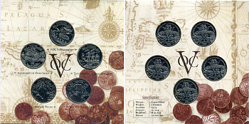 НИДЕРЛАНДЫ НАБОР ИЗ 5 ЖЕТОНОВ 1996 ГОЛЛАНДСКАЯ ОСТИНДСКАЯ КОМПАНИЯ (1602-1799), 3 DAALDERS, БУКЛЕТ, СЕРТИФИКАТ, ТИРАЖ 20000 ЭКЗ. медно-никель UNC 00-00