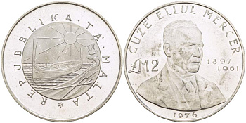 Мальта 2 фунта 1976 Шуже Эллул Мерсер (1897-1961) KM 40 серебро BUNC 4527-333