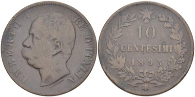 ИТАЛИЯ 10 ЧЕНТЕЗИМО 1893 BЛ, МОНДВОР БИРМИНГЕМ, УМБЕРТО I (1878-1900) KM 27.1 медь 4526-943