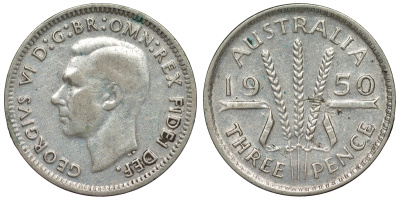 Австралия 3 пенса 1950 m, Георг VI (1937-1952), без букв KM 44 серебро 71-258