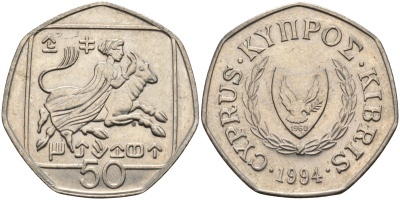 Кипр 50 центов 1994 похищение Европы KM 66 медно-никель 4141-1237