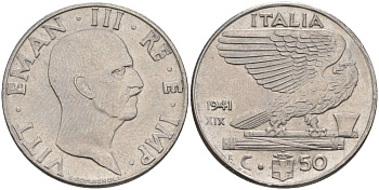 ИТАЛИЯ 50 ЧЕНТЕЗИМО 1941 R, ГОД XIX, ВИКТОР ЭММАНУИЛ III (1900-1946) KM 76b, VEM3. 1063 нержавеющая сталь 3853-411