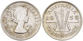 Австралия 3 пенса 1959 m, Елизавета II (1952-2022) KM 57 серебро UNC 4516-153