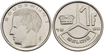 БЕЛЬГИЯ 1 ФРАНК 1989 BELGIE KM 141 железо плакированное никелем 66-442