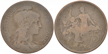 ФРАНЦИЯ 5 САНТИМОВ 1898 ТИП ДАНИЭЛЬ ДЮПЮИ KM 842, LE FRANC 119.5 бронза 4402-912