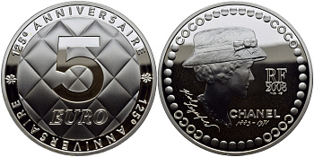 Франция 5 евро 2008 125 лет со дня рождения Коко Шанель KM 1567 серебро PROOF 1068-10-61