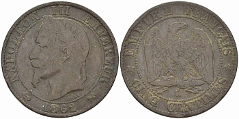 ФРАНЦИЯ 5 САНТИМОВ 1862 K, НАПОЛЕОН III (1852-1870) KM 797.3, LE FRANC 117.7 бронза 108-535
