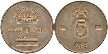 Швеция 5 эре 1962 Густав VI Адольф (1950-1973) KM 822 бронза 51-4222
