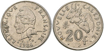 Французская Новая Каледония 20 франков 1986 три быка, (IEOM) KM 12, Schoen 14, Lec 112 никель 4120-1132