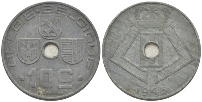 БЕЛЬГИЯ 10 САНТИМОВ 1945 BELGIE-BELGIQUE KM 126 цинк 87-1411