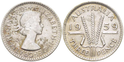 Австралия 3 пенса 1959 m, Елизавета II (1952-2022) KM 57 серебро UNC 4516-153