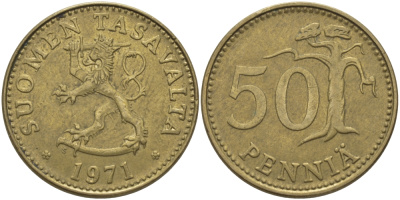 ФИНЛЯНДИЯ 50 ПЕННИ 1971 S KM 48 алюминиевая бронза 28-137