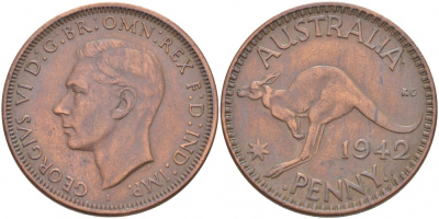 Австралия 1 пенни 1942 b, Георг VI (1936-1952), кенгуру, с буквой I KM 36 бронза 4403-926