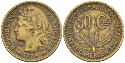 Французский Камерун 50 сантимов 1924 (а), монетный двор Париж KM 1 алюминиевая бронза 4164-1211