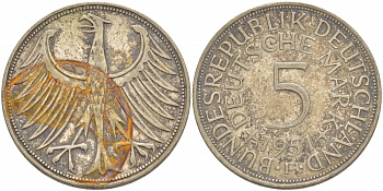 ФРГ 5 МАРОК 1951 F, J. 387, KM 112.1 серебро 115-1111