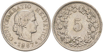 ШВЕЙЦАРИЯ 5 РАППЕНОВ 1967 B KM 26 медно-никель 188-364