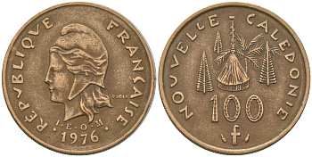 Французская Новая Каледония 100 франков 1976 R·JOLY (с точкой), хижина среди сосен и пальм, (IEOM) KM 15, Schoen 16, Lec 130 никель латунь 4137-615