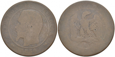 Франция 10 сантимов 1856 B, Наполеон III (1852-1870) KM 771.2, Le Franc 133.33 бронза 3457-416
