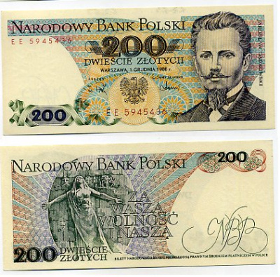 ПОЛЬША 200 ЗЛОТЫХ 1988 UNC (пресс) бумага 7146-49-3-1