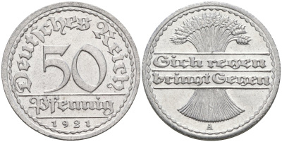 Германия 50 пфеннигов 1921 A KM 27, J.301, Weege 10 алюминий UNC 4584-822